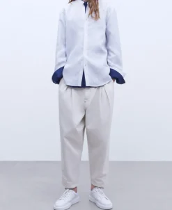Adolfo Dominguez Camisas>Camisa Cuello Mao En Lino Europeo Rayas Blanco/Azul