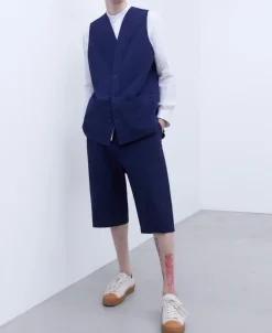 Adolfo Dominguez Abrigos Y Chaquetas>Chaleco En Lino Europeo Y Algodon Azul Royal